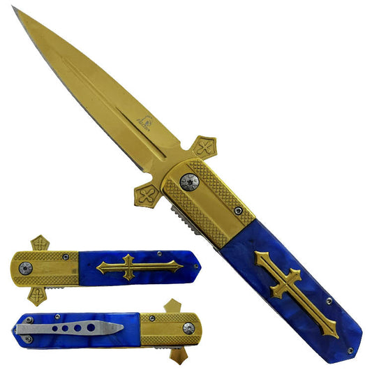 Falcon 3 1/2 “ Gold Blade / Blue Handle w Cross / Assisted Knife