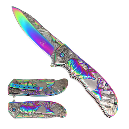 8 1/2" Spring Assisted Pocket Knife w Silver/Rainbow Deer Design