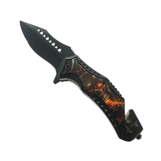 7.75" Spring Assisted Knife ABS Inlaid Red Flame Skull 3D Printing Handle