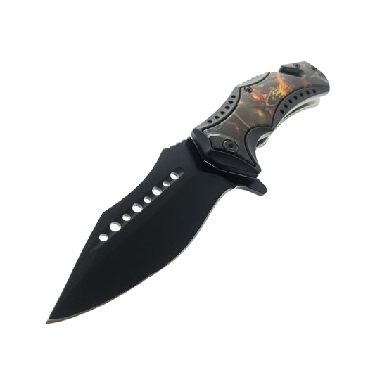 7.75" Spring Assisted Knife ABS Inlaid Red Flame Skull 3D Printing Handle