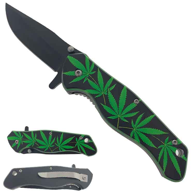 7.5" Spring Assisted Pocket Knife Green Marijuana Handle