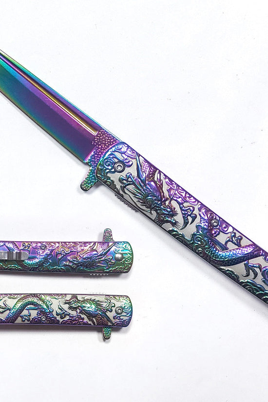 Falcon Dragon Engraved Rainbow Spring-Assisted Pocket Knife | KS3024RB