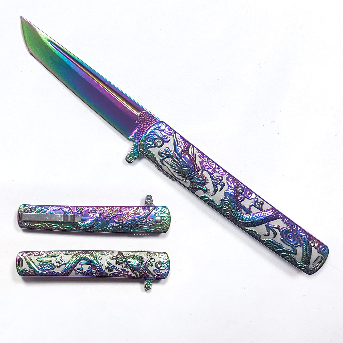 Falcon Dragon Engraved Rainbow Spring-Assisted Pocket Knife | KS3024RB