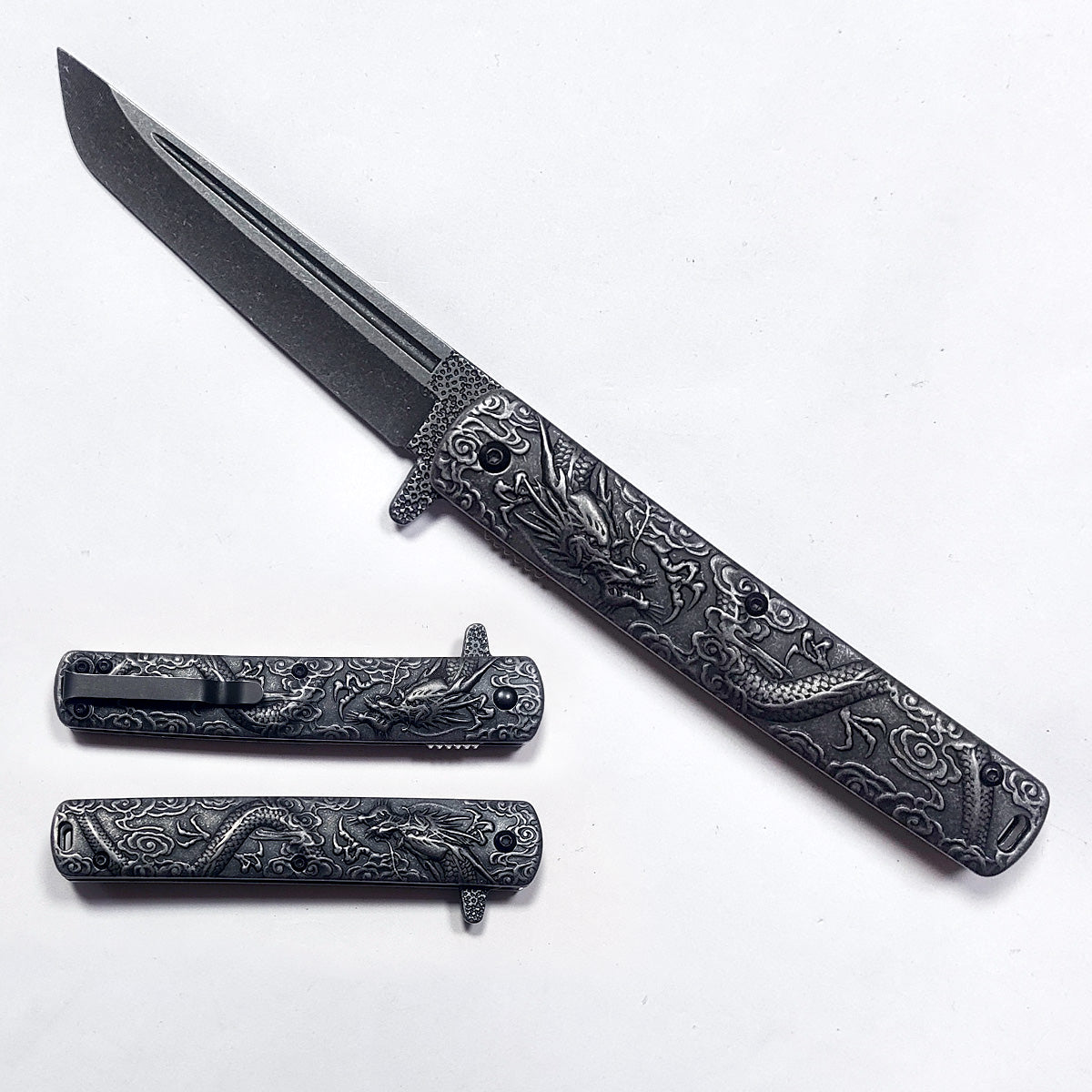 Falcon Dragon Engraved Black Spring-Assisted Pocket Knife | KS3024ST