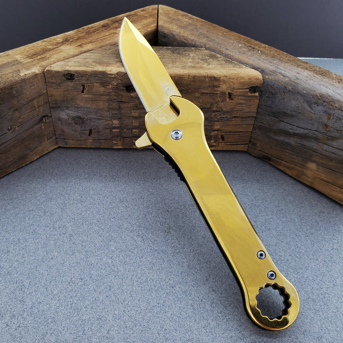 Falcon 7.75" Gold Spring Assisted Knife with 12 mm Wrench Function