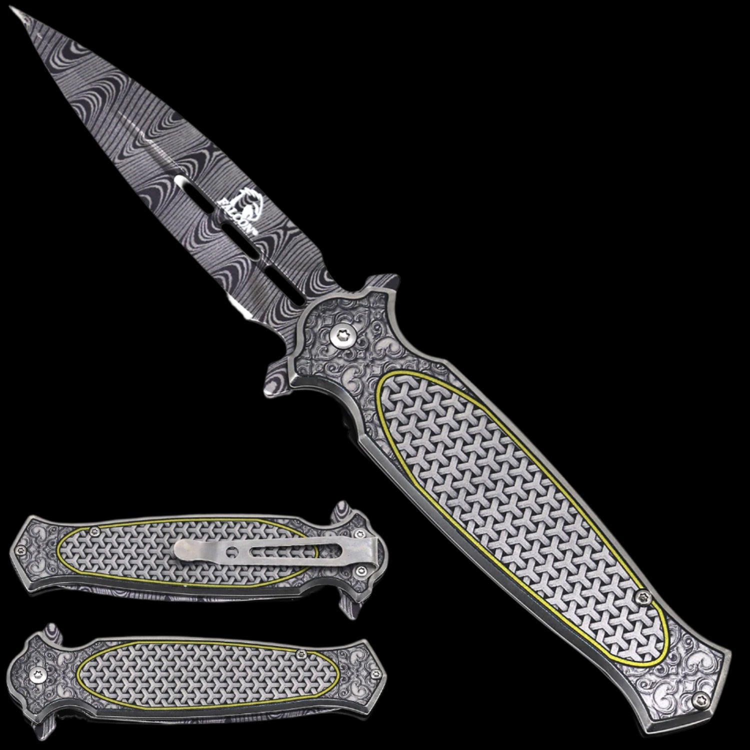 Wholesale Falcon Spring Pocket Knife – Patterned Blade for Retailers