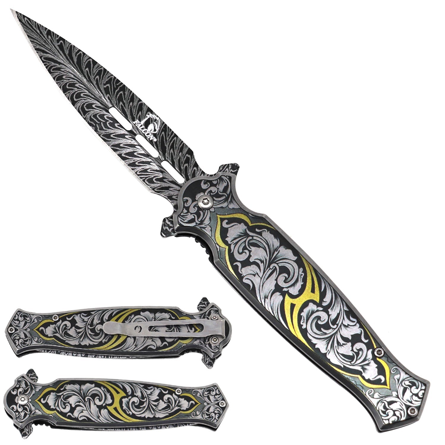 Falcon Spring Assisted Pocket Knife - Damascus Pattern