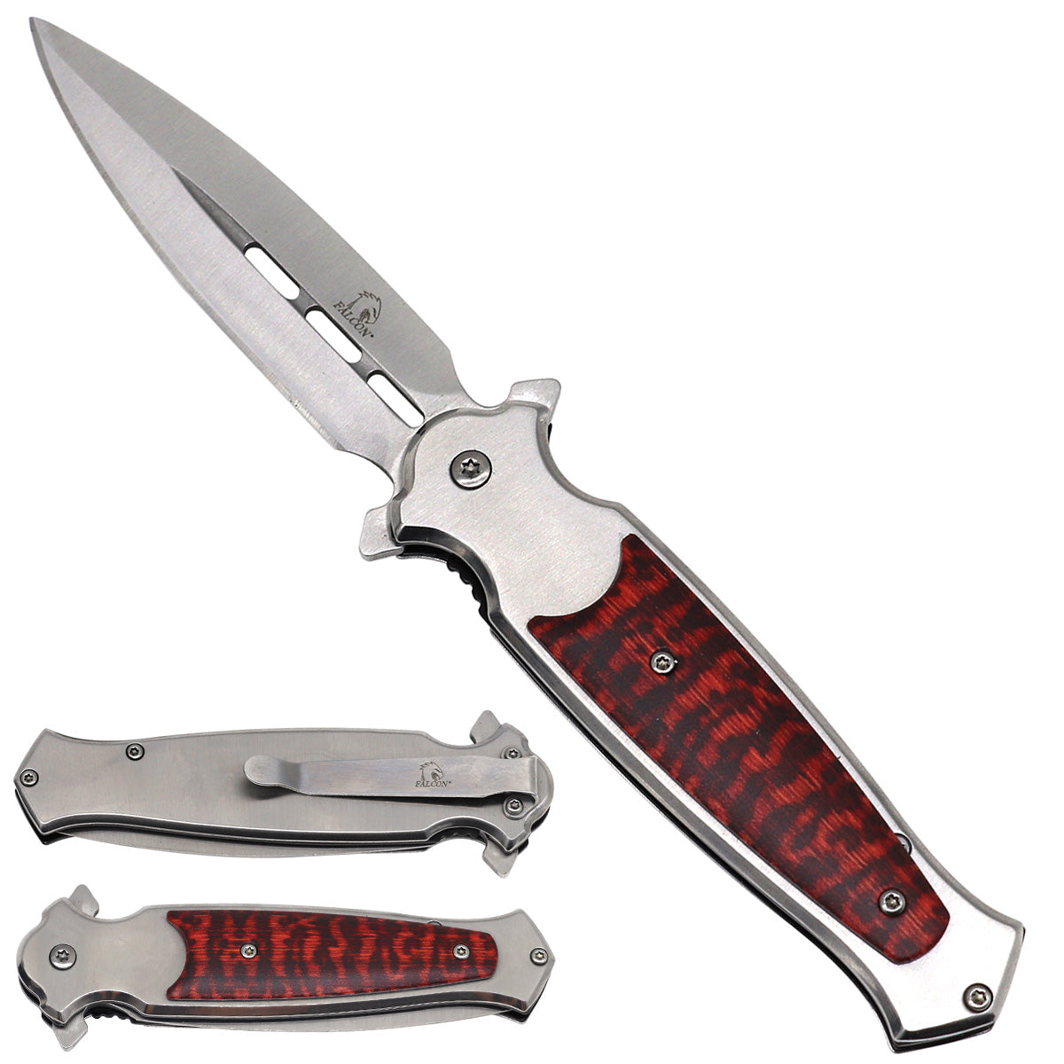 Falcon Double Edge Spring Assisted Pocket Knife - Snake Wood Handle & Silver Blade - Pacific Solution wholesale pocket knife SKU KS3097CWD