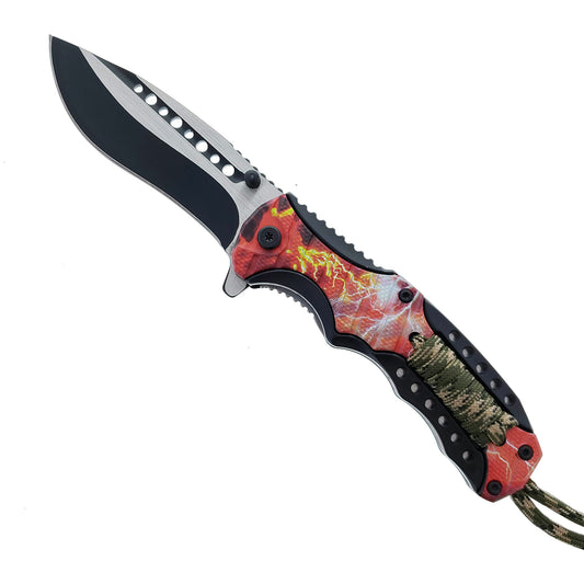 Falcon 8" Spring Assisted Knife Red Thunder Handle w/ paracord