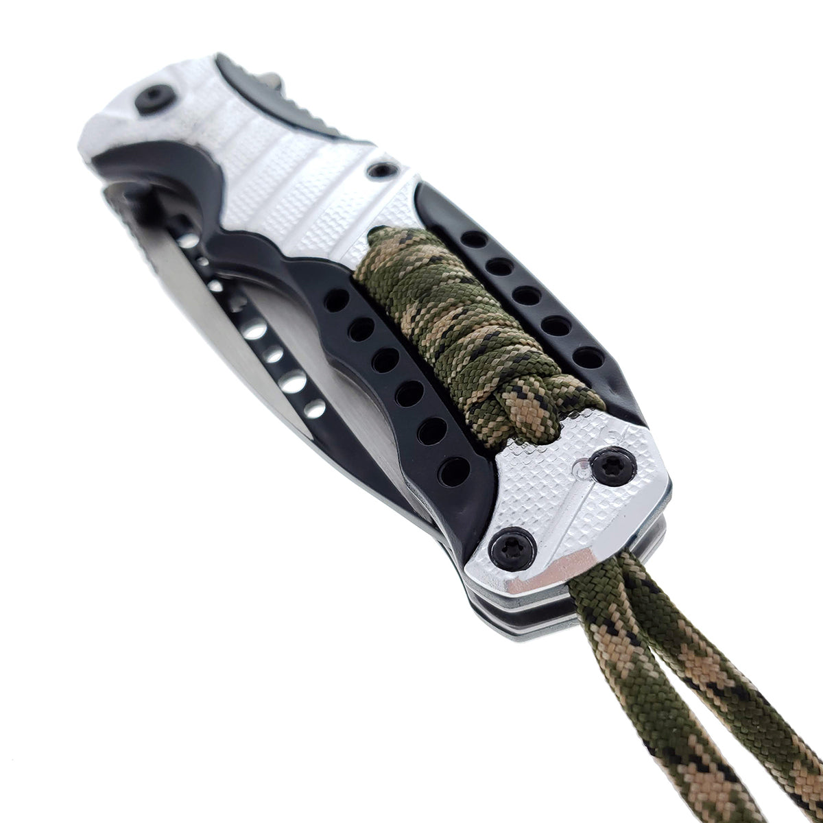 Falcon 8" Spring Assisted Knife Black & Silver Handle w/ paracord