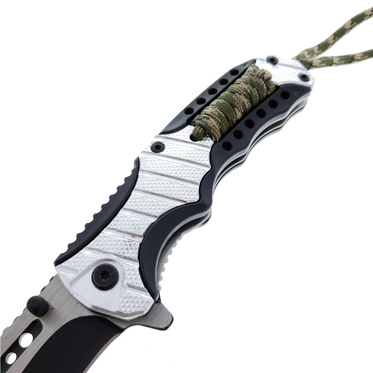 Falcon 8" Spring Assisted Knife Black & Silver Handle w/ paracord