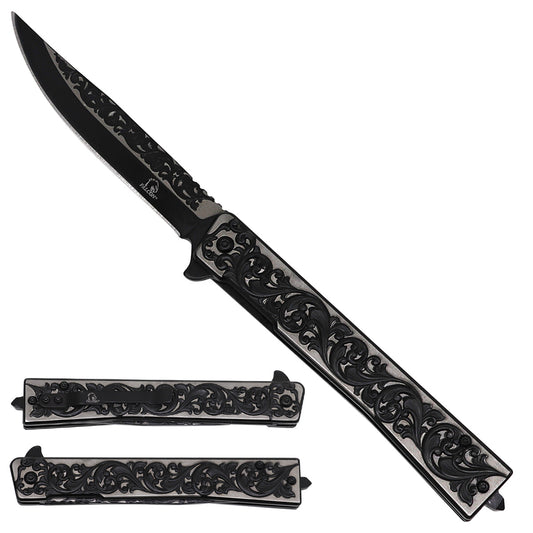 Falcon Black Spring Assisted Pocket Knife – Engraved Leaves