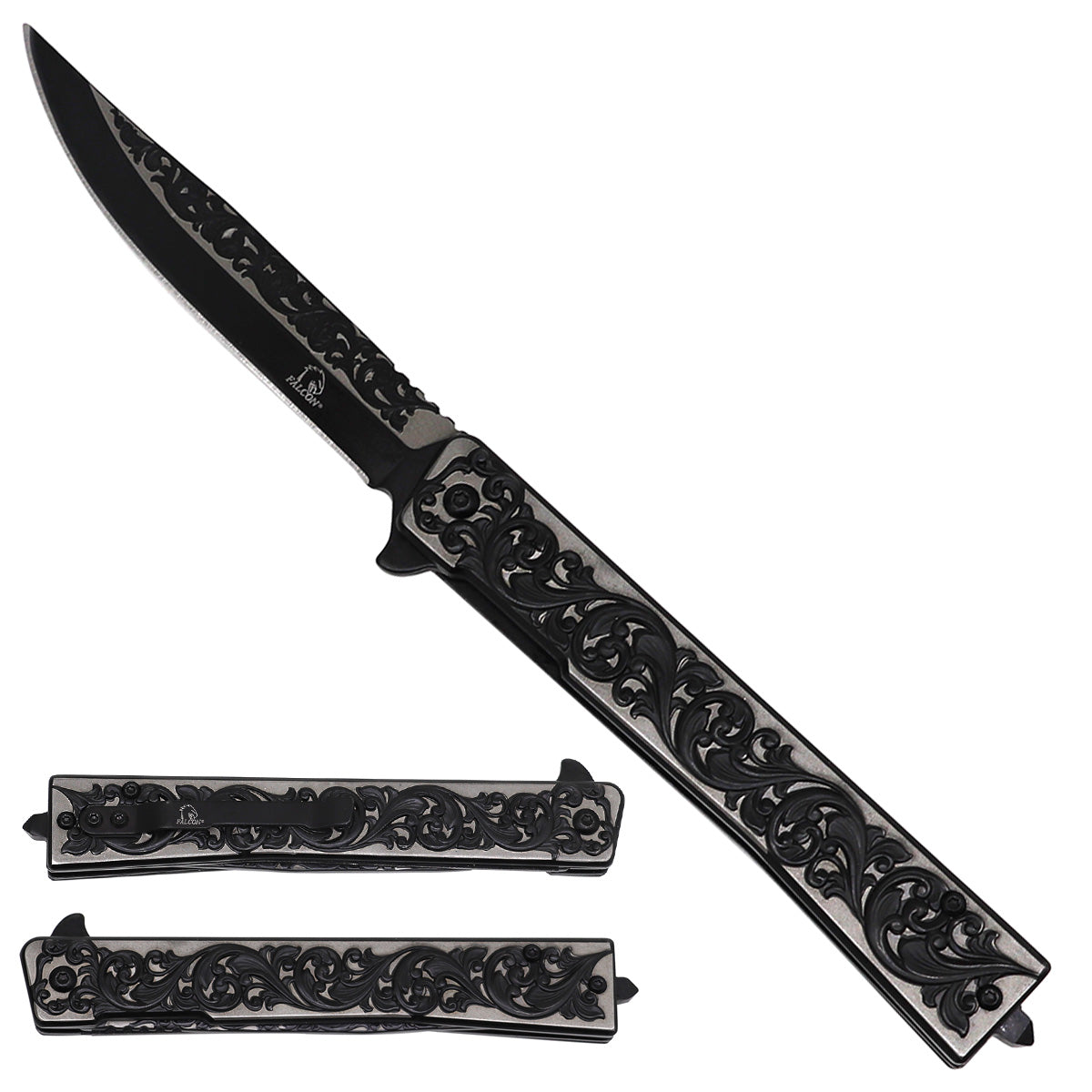 Falcon Spring Assisted Pocket Knife - Engraved Leaves Black