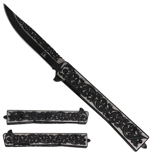 Falcon Spring Assisted Pocket Knife - Engraved Leaves Black