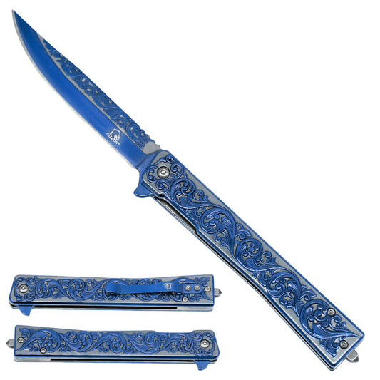 Falcon Blue Spring Assisted Pocket Knife - Engraved Leaves