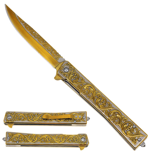 Falcon Gold Spring Assisted Pocket Knife – Engraved Leaves