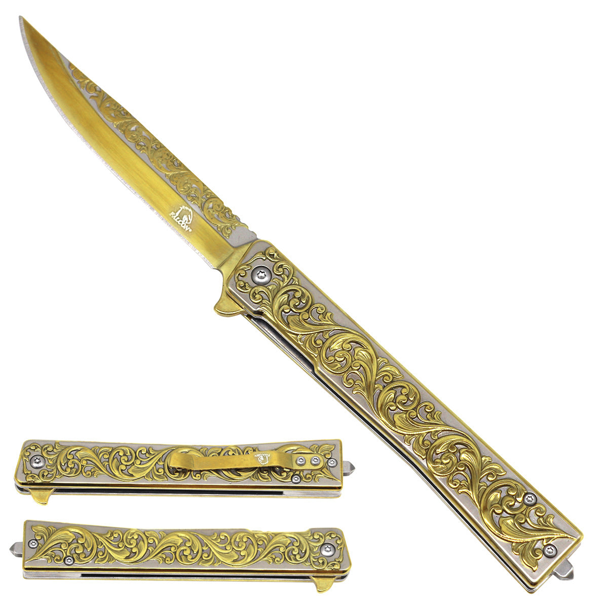 Falcon Gold Spring Assisted Pocket Knife - Engraved Leaves