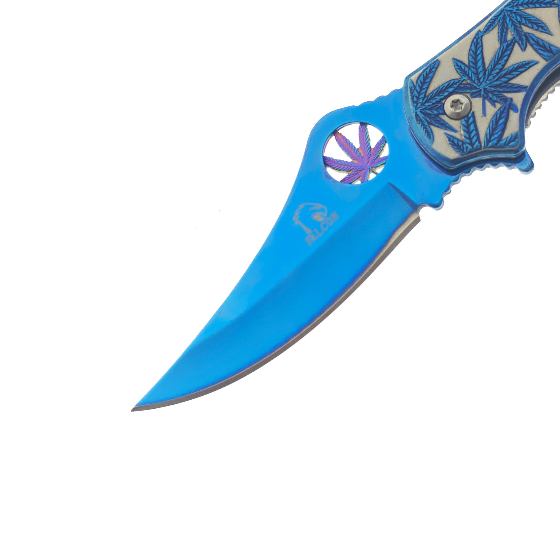 Falcon 7.5" Spring Assisted Knife w/ Blue ABS Marijuana Design