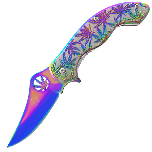 Falcon 7.5" Spring Assisted Knife w/ Rainbow ABS Marijuana Design