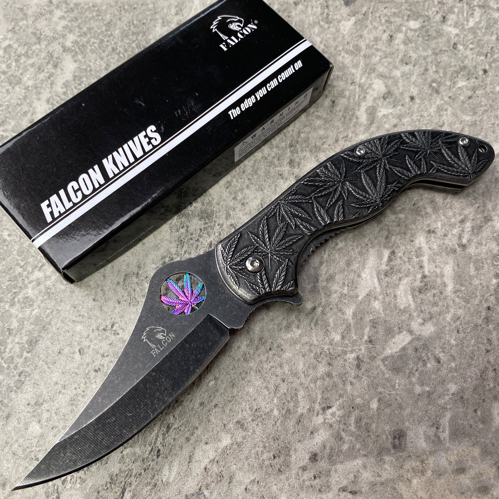 Falcon 7.5" Spring Assisted Knife w/ Black ABS Marijuana Design