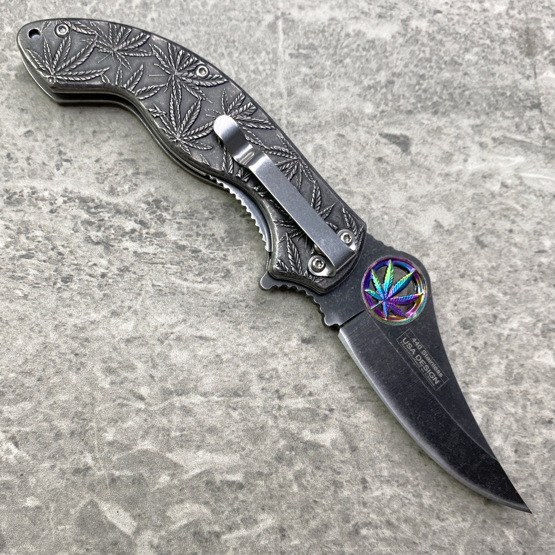 Falcon 7.5" Spring Assisted Knife w/ Black ABS Marijuana Design