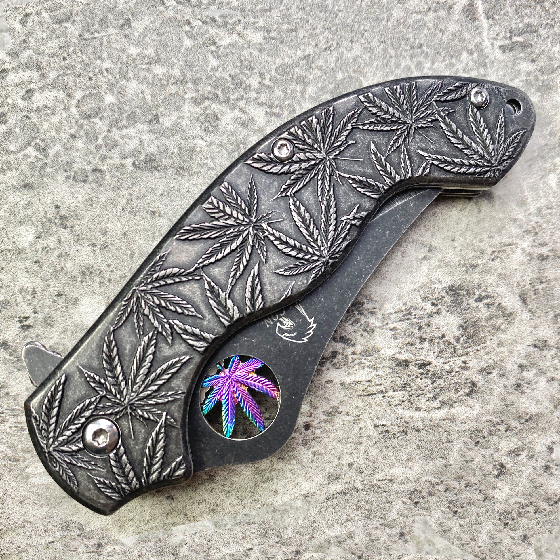 Falcon 7.5" Spring Assisted Knife w/ Black ABS Marijuana Design