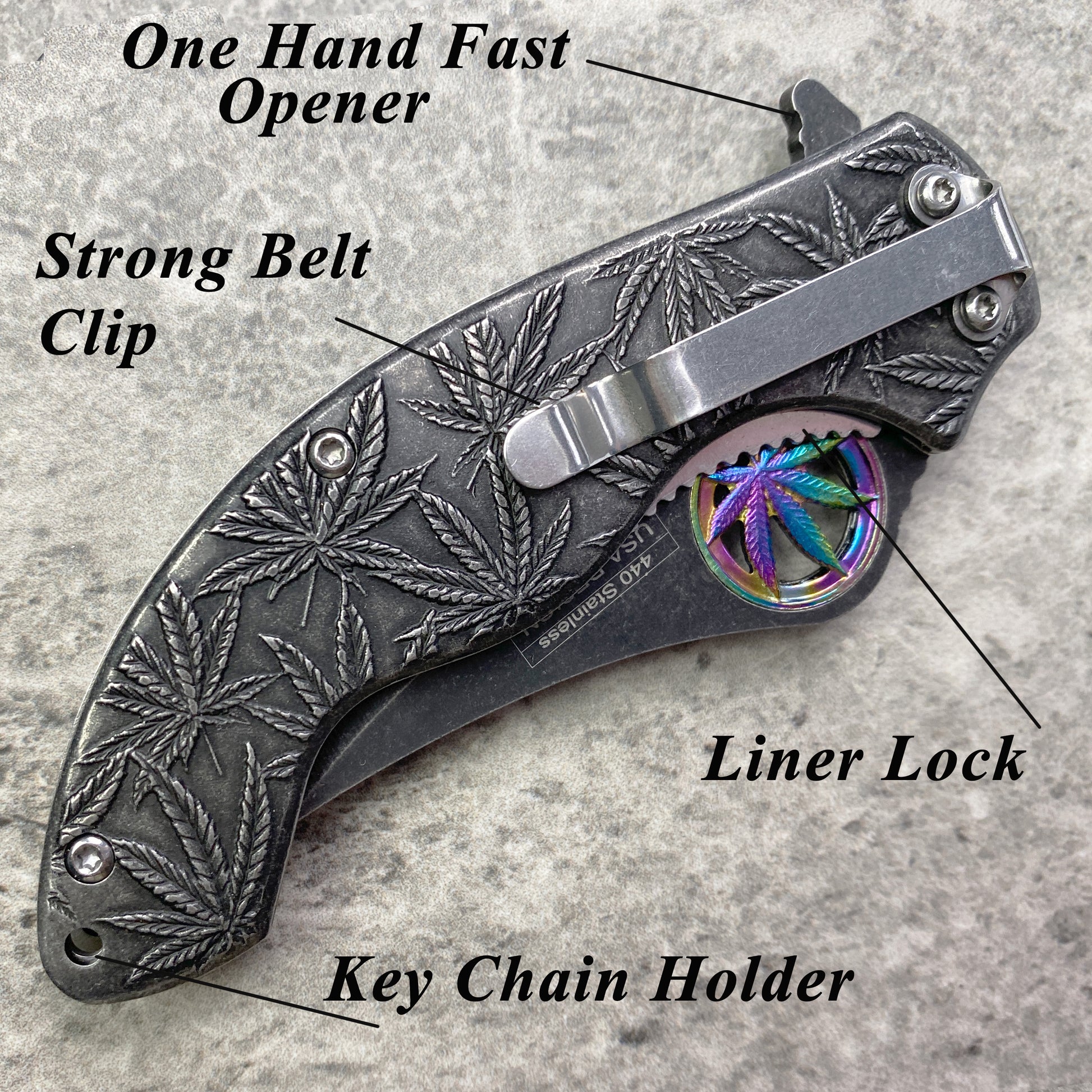 Falcon 7.5" Spring Assisted Knife w/ Black ABS Marijuana Design