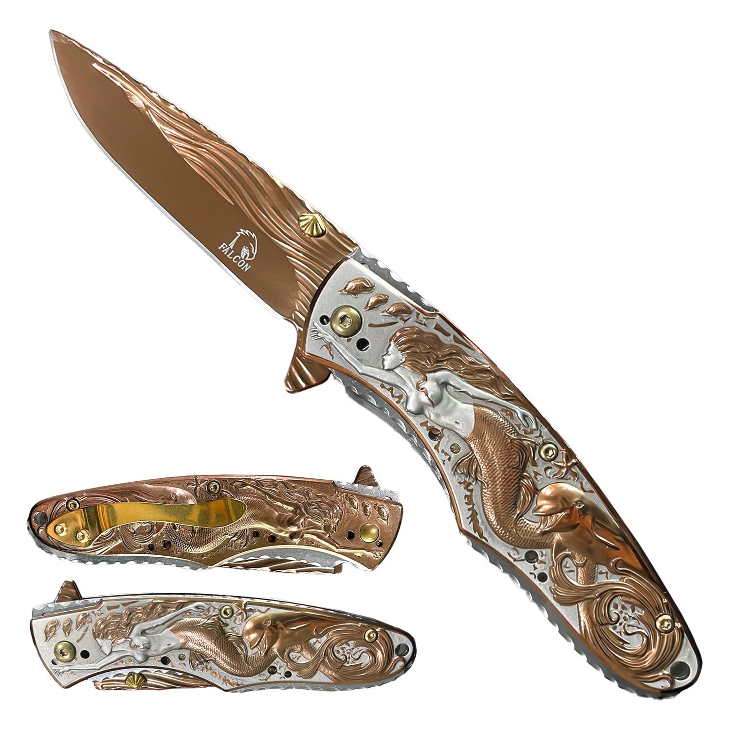 Falcon 8" Overall Knife W/ Rose Gold Mermaid Design