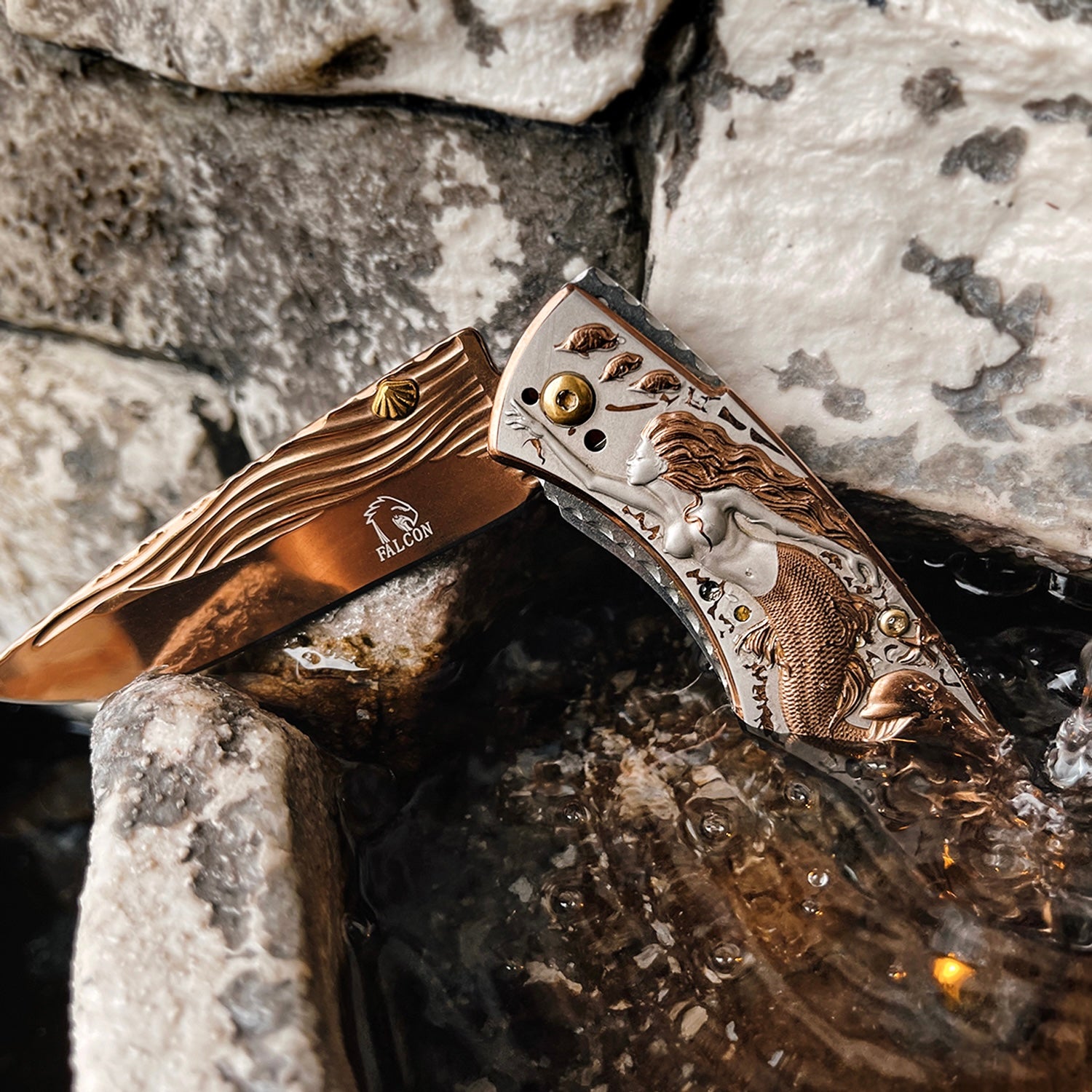 Falcon 8" Overall Knife W/ Rose Gold Mermaid Design