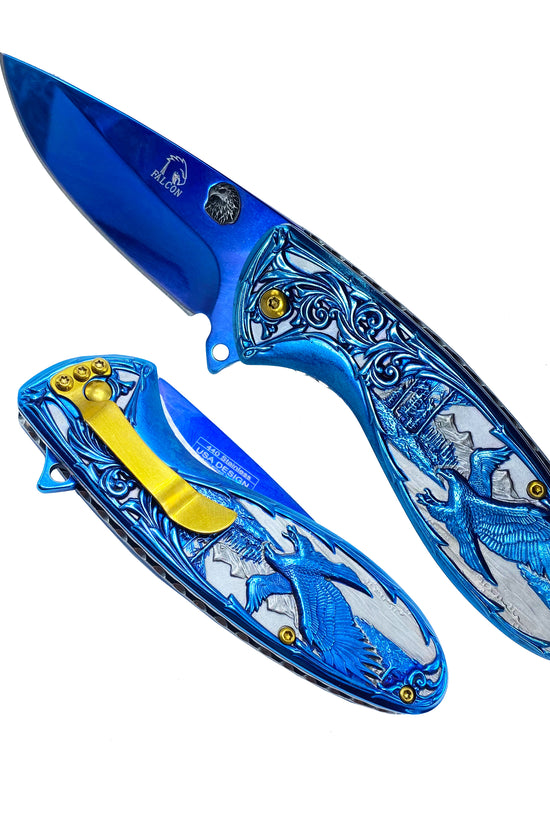 Falcon Blue Spring Assisted Knife - Blue Flower/Eagle Handle