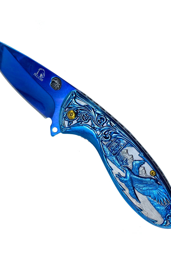 Falcon Blue Spring Assisted Knife - Blue Flower/Eagle Handle