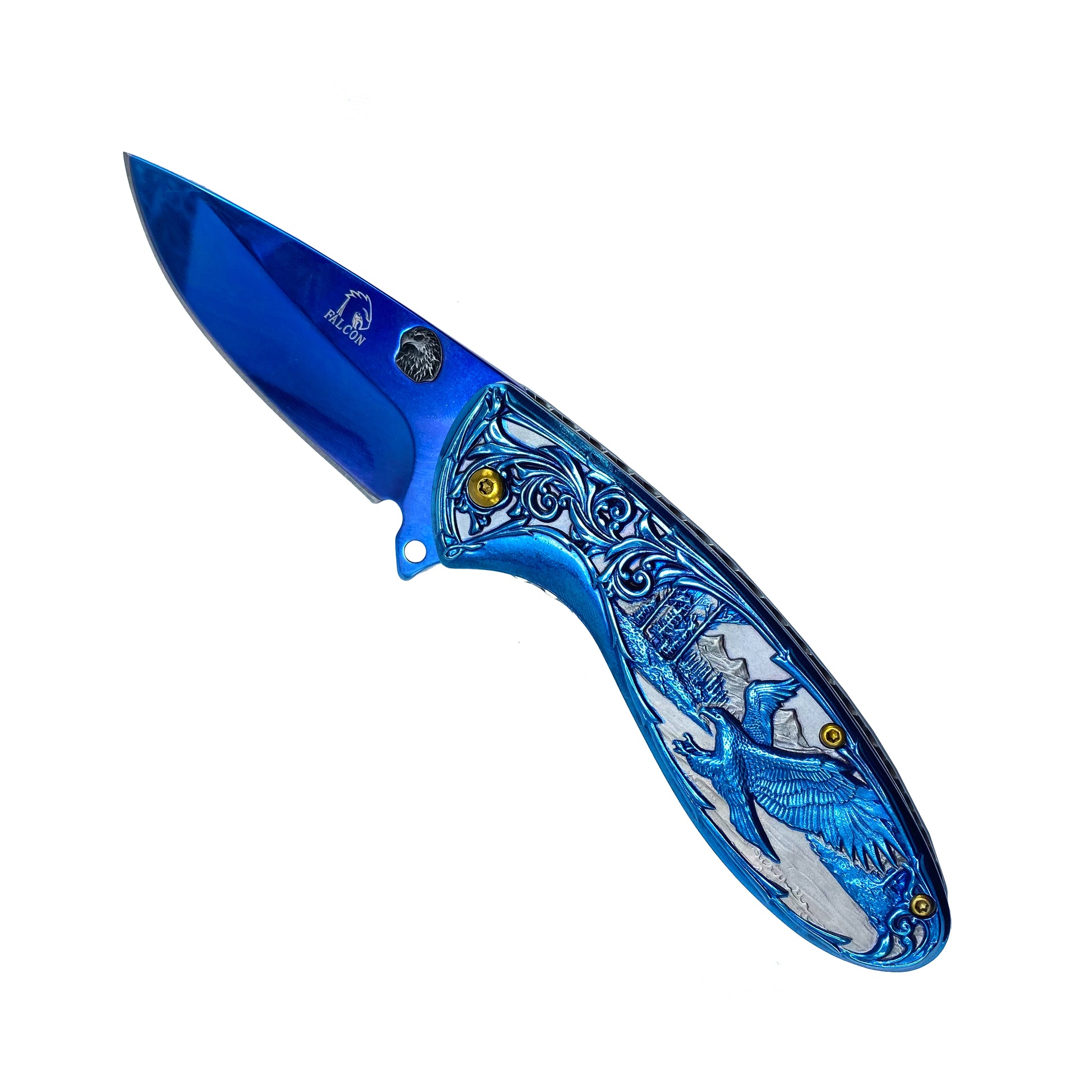 3" Blue Blade / 7" Black Flower Eagle Handle / Assisted Knife