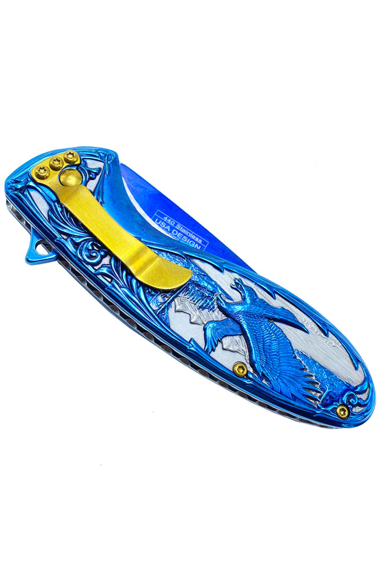 Falcon Blue Spring Assisted Knife - Blue Flower/Eagle Handle