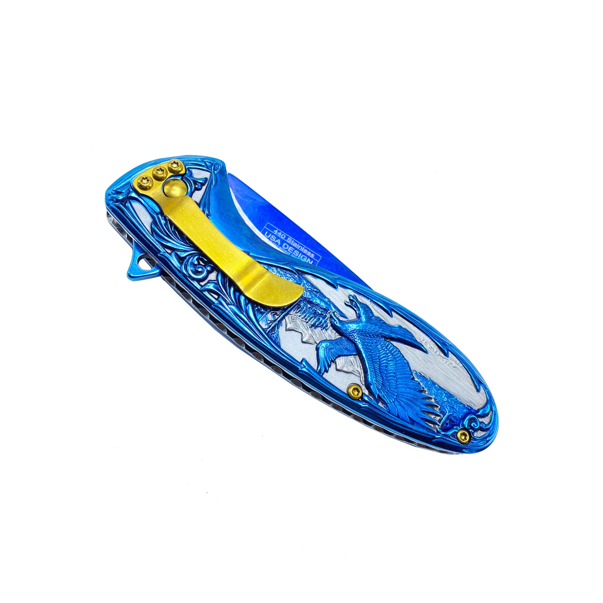 Falcon Blue Spring Assisted Knife - Blue Flower/Eagle Handle