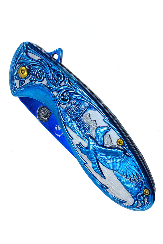Falcon Blue Spring Assisted Knife - Blue Flower/Eagle Handle