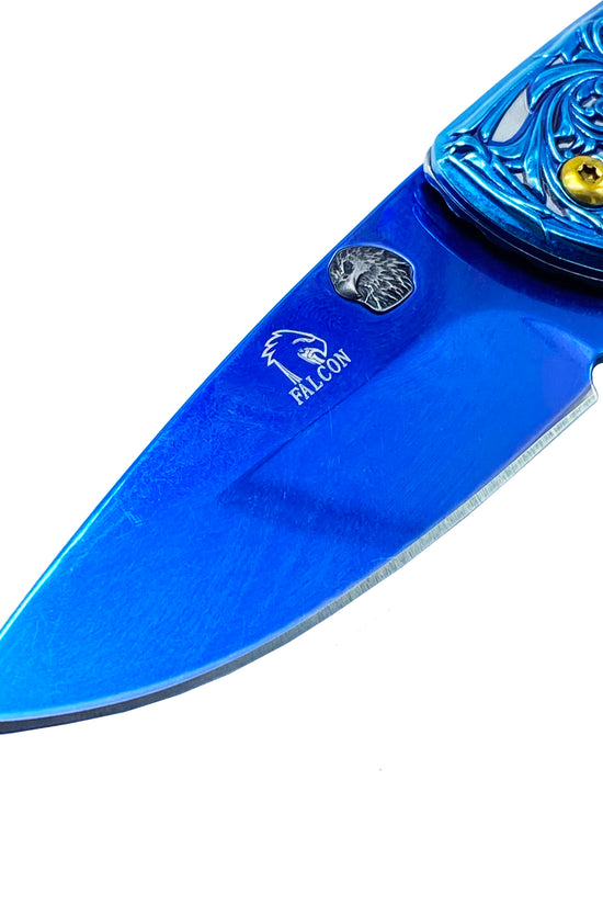 Falcon Blue Spring Assisted Knife - Blue Flower/Eagle Handle