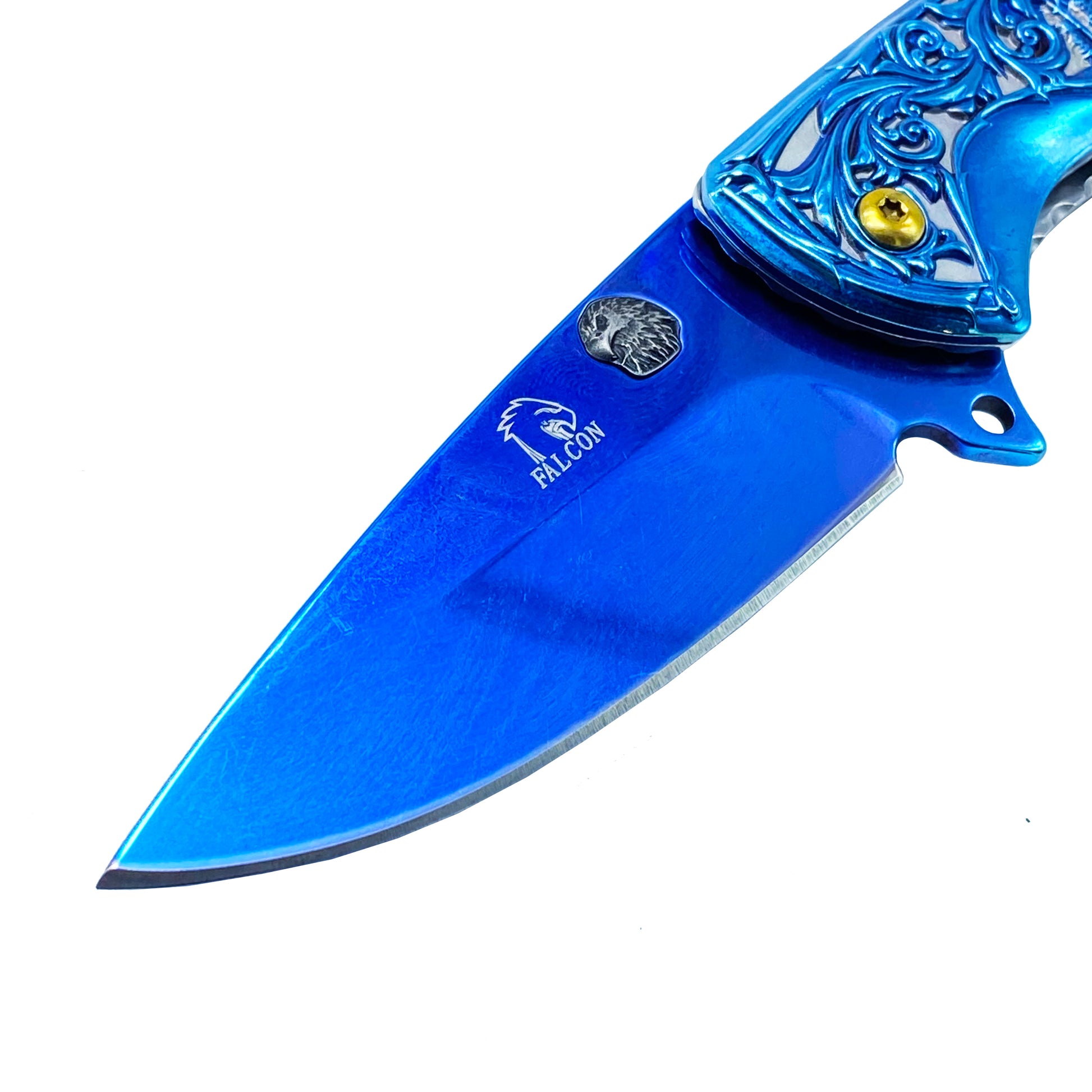 3" Blue Blade / 7" Black Flower Eagle Handle / Assisted Knife