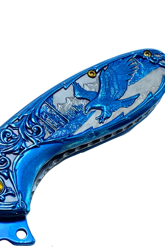 Falcon Blue Spring Assisted Knife - Blue Flower/Eagle Handle