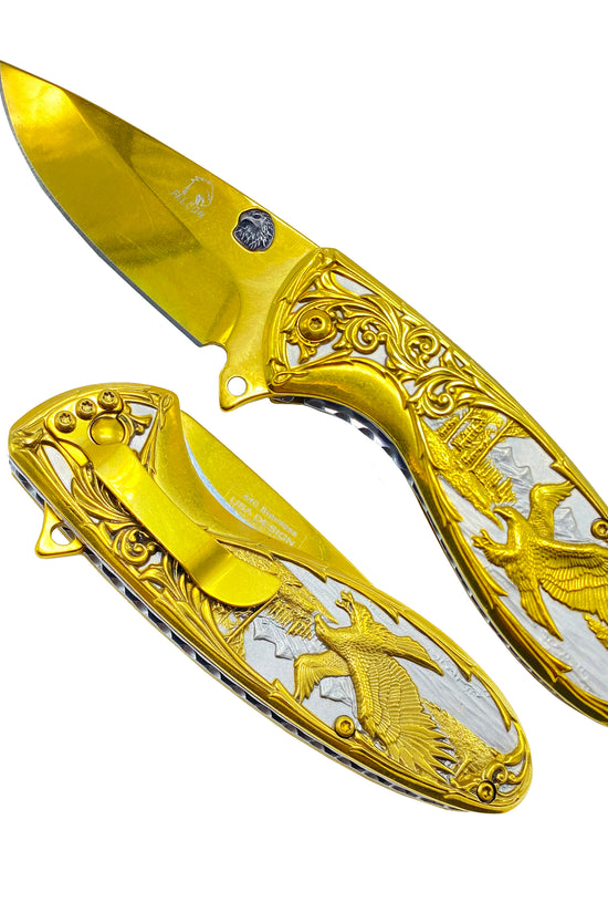 Falcon Gold Spring Assisted Knife with Artistic Design