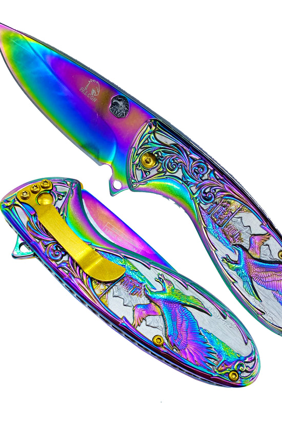 Falcon 7" Rainbow Eagle and Ornate Spring Assisted Knife