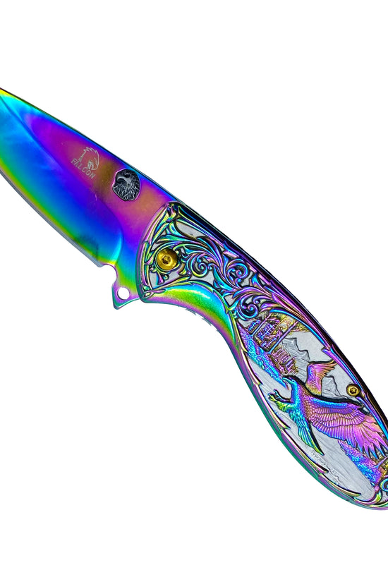 Falcon 7" Rainbow Eagle and Ornate Spring Assisted Knife