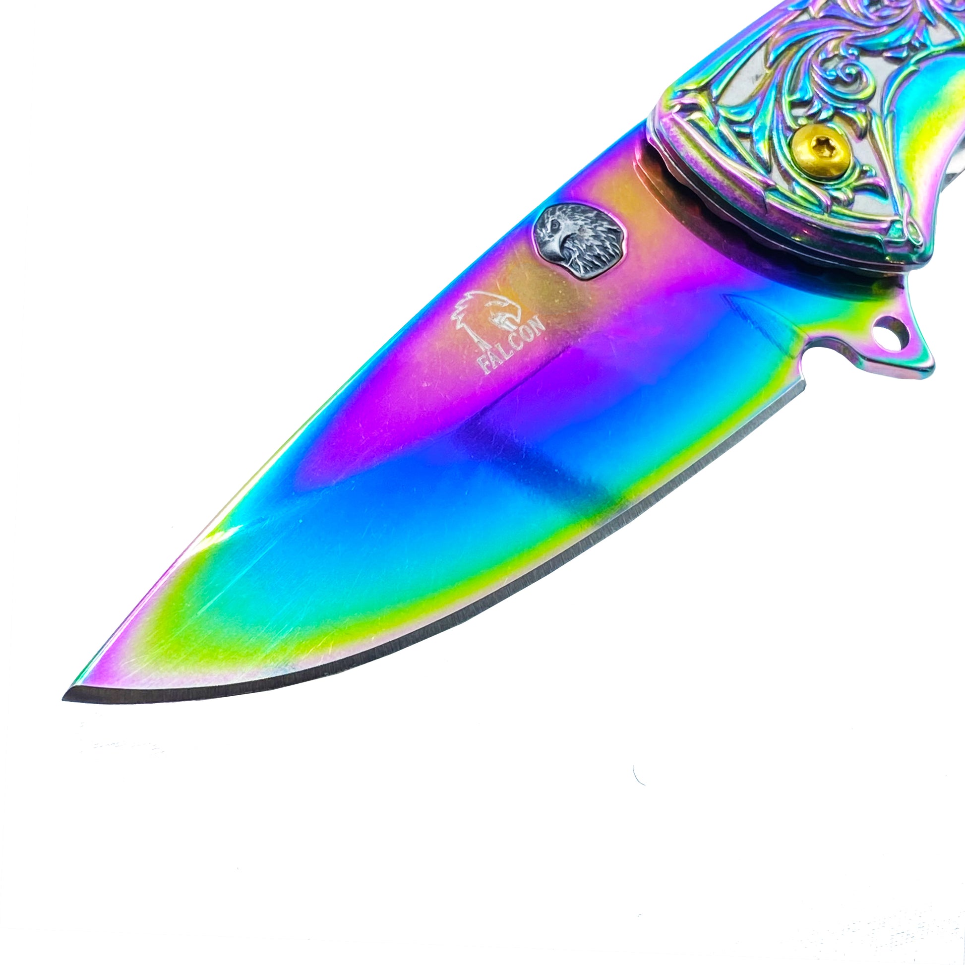 3" Rainbow Blade / 7" Black Flower Eagle Handle / Assisted Knife