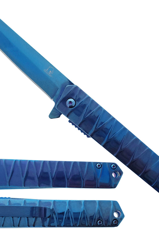 Falcon 7.75" Blue Tanto Blade Spring Assisted Pocket Knife