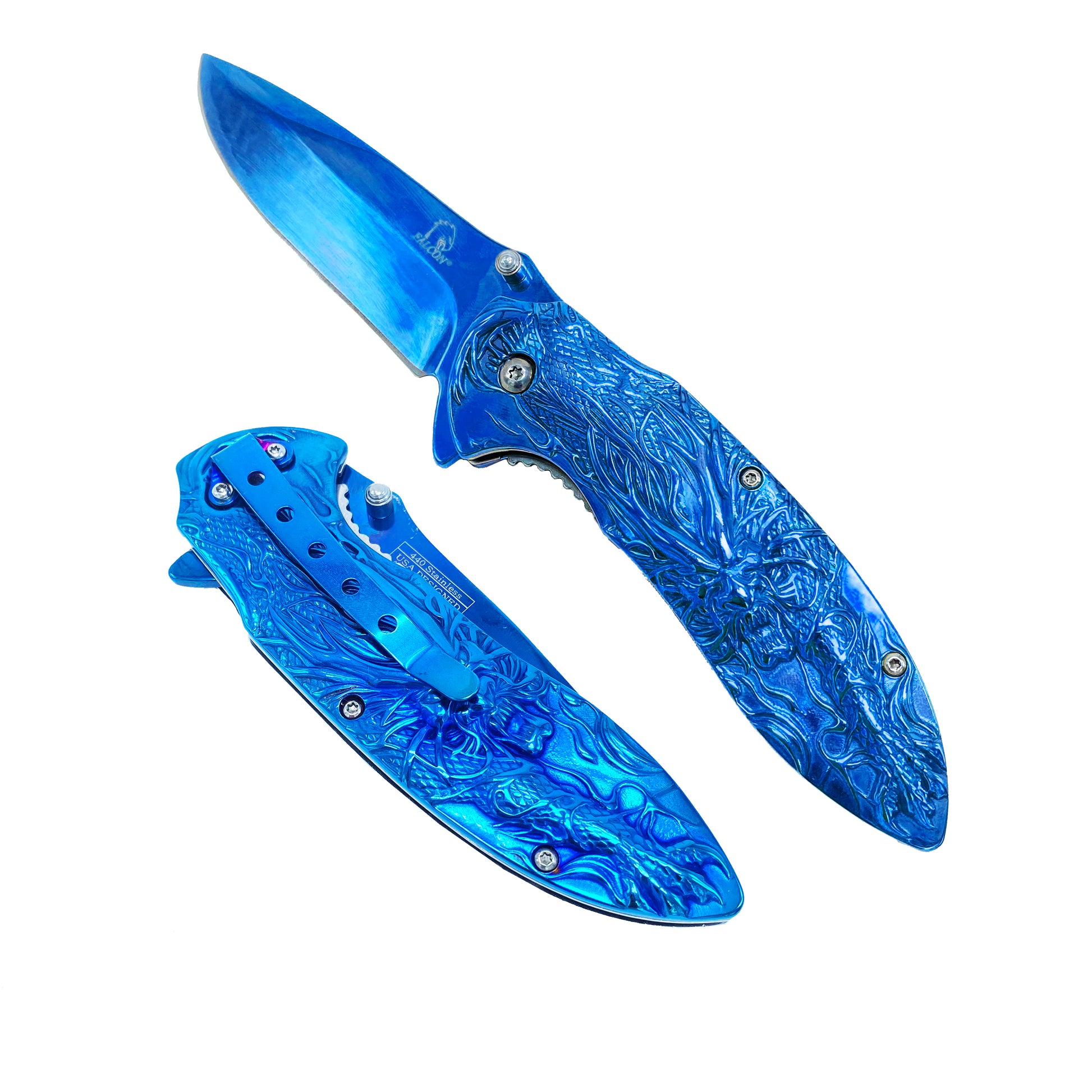 3" Blue Titanium Blade 4.75" Blue Steel Handle