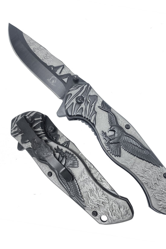 Falcon 8-Inch Spring-Assisted Knife, Gray & Black Eagle Design | KS3778BK