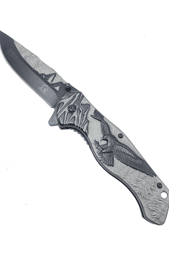 Falcon 8-Inch Spring-Assisted Knife, Gray & Black Eagle Design | KS3778BK