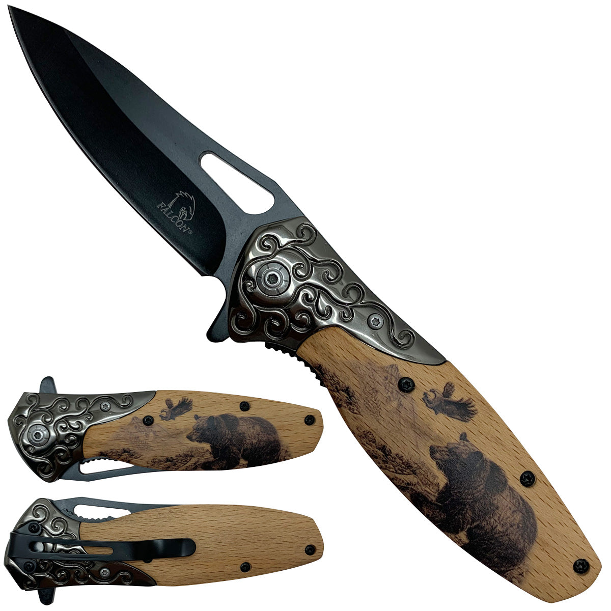 A folding pocket knife shown open and closed on a plain white background. The knife has a matte black blade with a bear logo and the text 'Bison Brand', ornate dark metal guard details, and a light brown wood handle featuring dark engraved bear illustrations.
