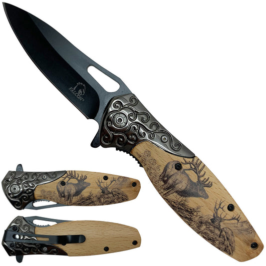 Falcon Spring Assisted Pocket Knives - Deer Wooden Handl