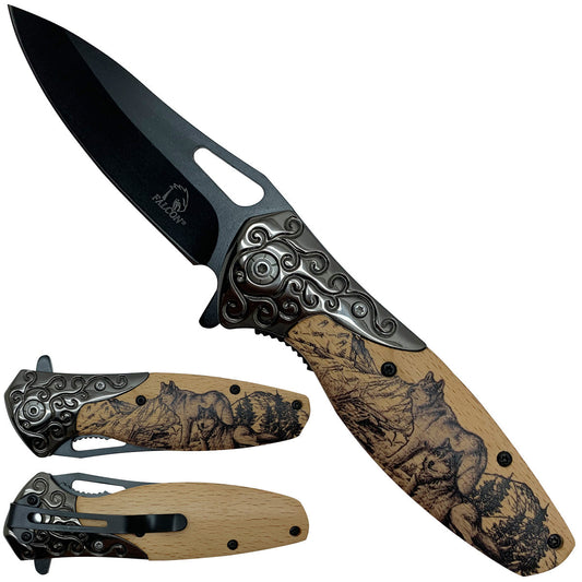 Falcon Spring Assisted Pocket Knives - Wolf Wooden Handle