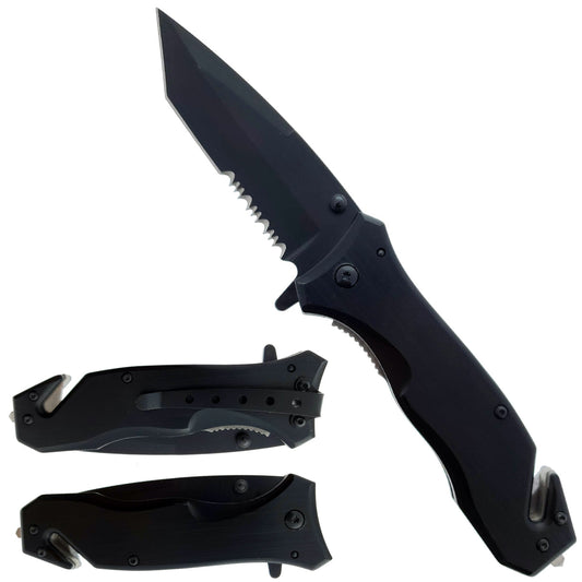 8" Black Spring Assisted Knife | Seat Belt Cutter & Glass Breaker folding pocket knife product photo